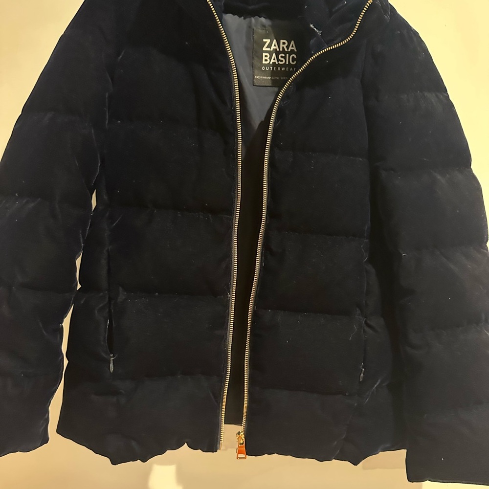 Zara Blue Velvety Puffer Jacket